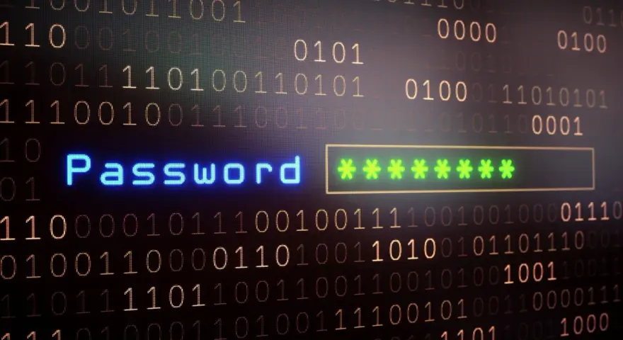 Cyfrowy świat, gdzie "Password" świeci na niebiesko, a gwiazdki symbolizują siłę hasła. Tło to strumień zer i jedynek.