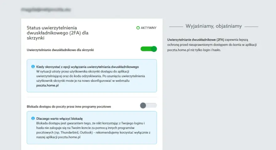 Ustawienia uwierzytelniania dwuskładnikowego (2FA) dla skrzynki pocztowej. Aktywna ochrona konta.