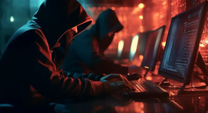 Dwóch hakerów w kapturach pracuje przy komputerach w ciemnym pomieszczeniu. W tle widać kolejne monitory. To obrazek ilustrujący, exploit co to jest.