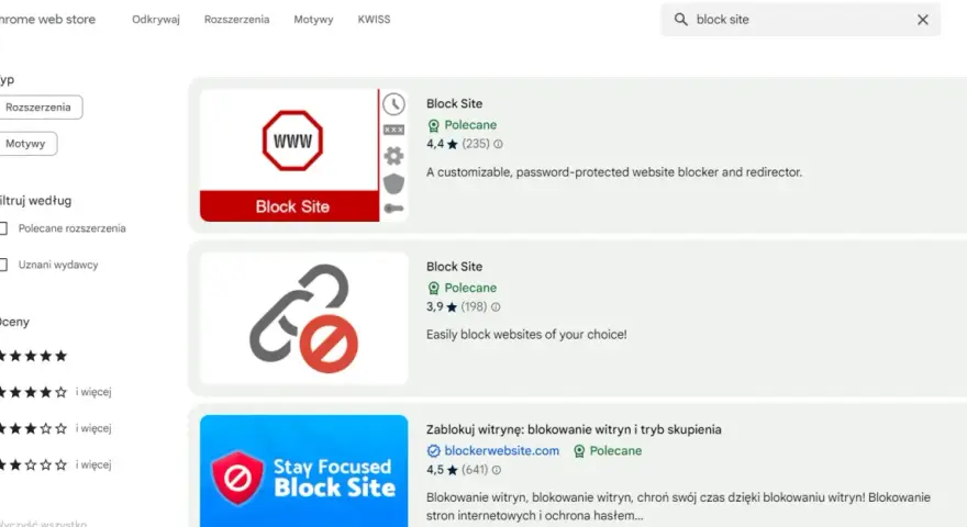 Szukasz sposobu, jak zablokować stronę internetową? W Chrome Web Store znajdziesz rozszerzenia "Block Site", które pomogą Ci w tym.