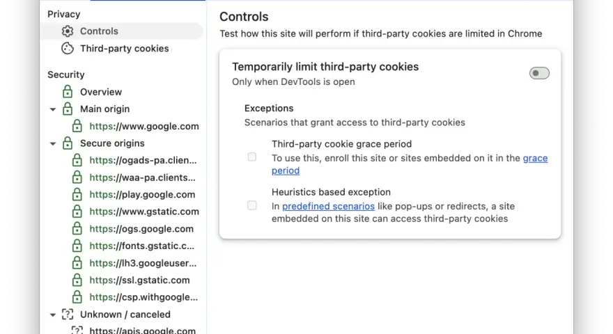 Panel "Privacy and security" w Chrome DevTools, pokazujący opcje tymczasowego ograniczania plików cookie stron trzecich.
