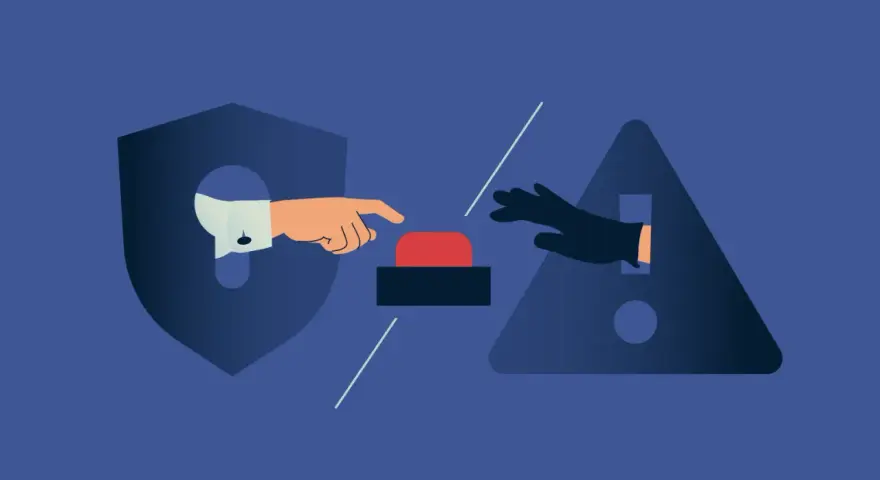 Ręka w białej koszuli naciska czerwony przycisk, podczas gdy ręka w czarnej rękawiczce próbuje go powstrzymać. Symbolizuje to walkę z atakami typu ip ddos.