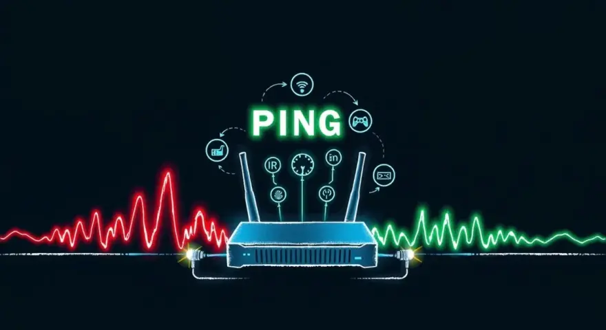 Router z ikonami symbolizującymi różne aktywności online, otoczony wykresami sygnału. Słowo "PING" świeci na zielono, sugerując szybkość połączenia.