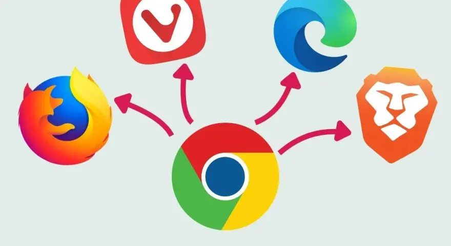 Ikony przeglądarek (Firefox, Vivaldi, Edge, Brave) otaczają logo Chrome, sugerując możliwości rozszerzeń na Androida.