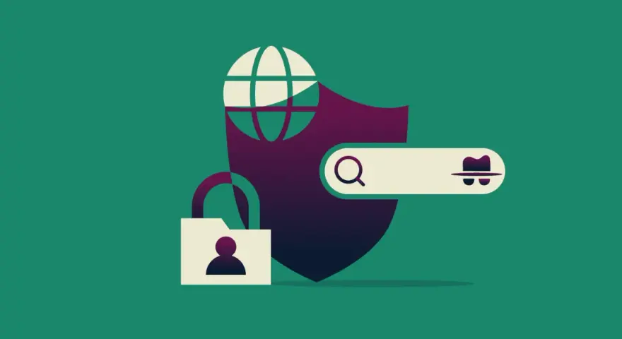 Ilustracja pokazuje, jak używać VPN: globus, tarcza, kłódka i pasek wyszukiwania z ikoną detektywa symbolizują bezpieczeństwo online.