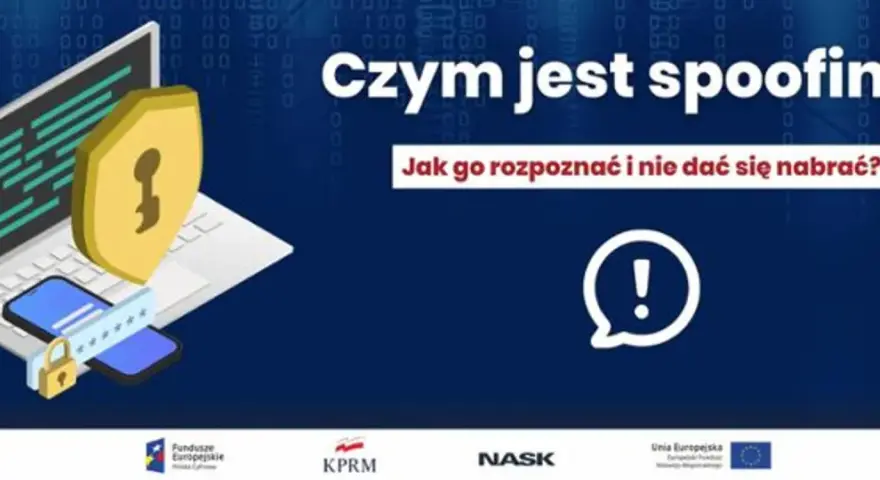 Ilustracja przedstawia laptopa z tarczą i kluczem, symbolizując bezpieczeństwo. Obok znajduje się smartfon z hasłem i kłódką, nawiązując do zagrożeń, takich jak ip spoofing.