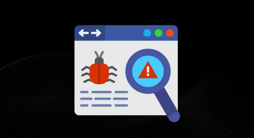 Wykryto wirus internetowy! Czerwony robak na ekranie przeglądarki, lupa z symbolem ostrzeżenia.