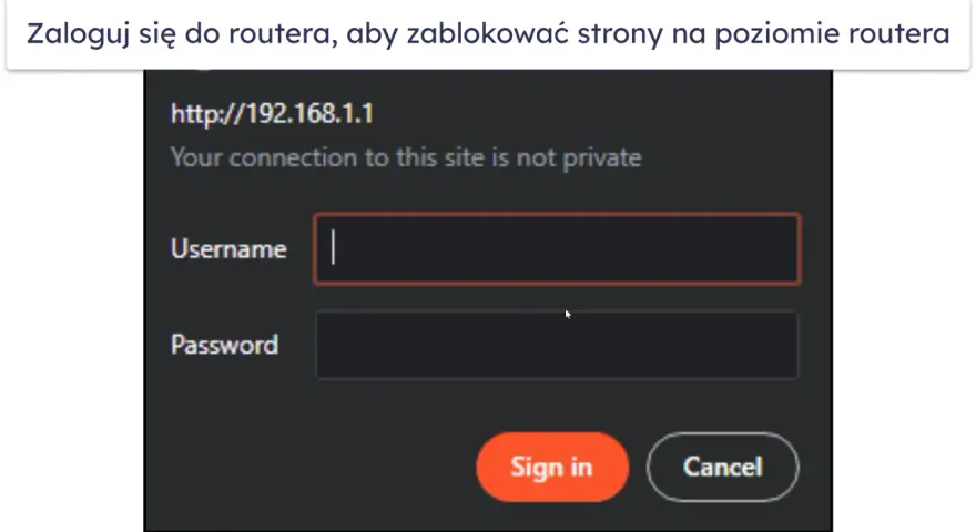 Zaloguj się do routera, aby zablokować strony. Ekran logowania do routera z polami Username i Password.