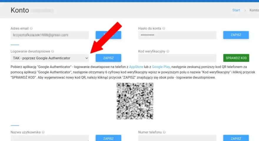 Ustawienia dwuetapowe konta Fakturowo. Jak odzyskać dostęp? Skonfiguruj Google Authenticator, zeskanuj kod QR i wpisz kod weryfikacyjny.