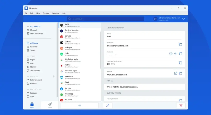 Bitwarden – darmowy menedżer haseł, gdzie przechowujesz dane logowania do AWS, Github i innych.