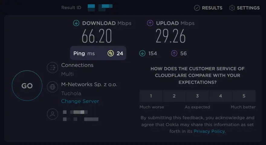 Wynik testu prędkości internetu: ping 24 ms, pobieranie 66.20 Mbps, wysyłanie 29.26 Mbps. Jak sprawdzić ping?