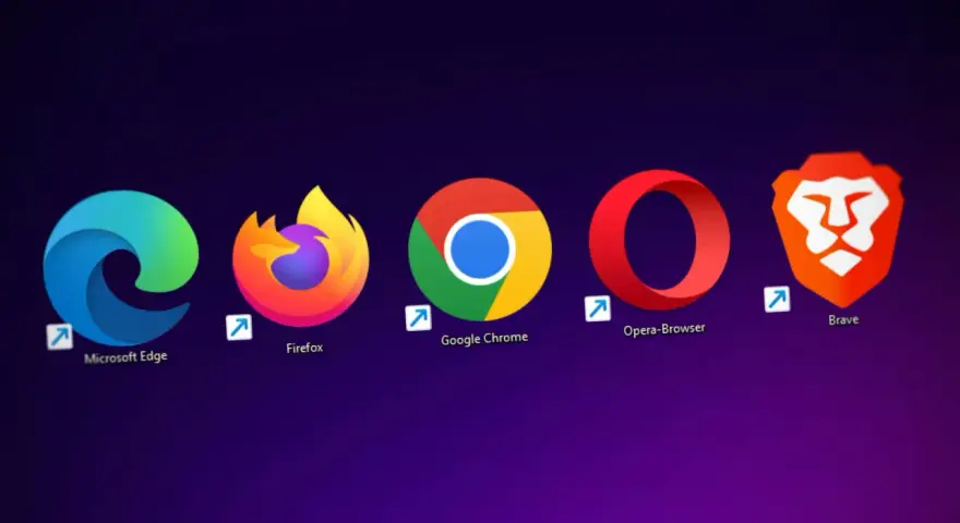 Ikony popularnych rodzajów przeglądarek internetowych: Microsoft Edge, Firefox, Google Chrome, Opera i Brave.