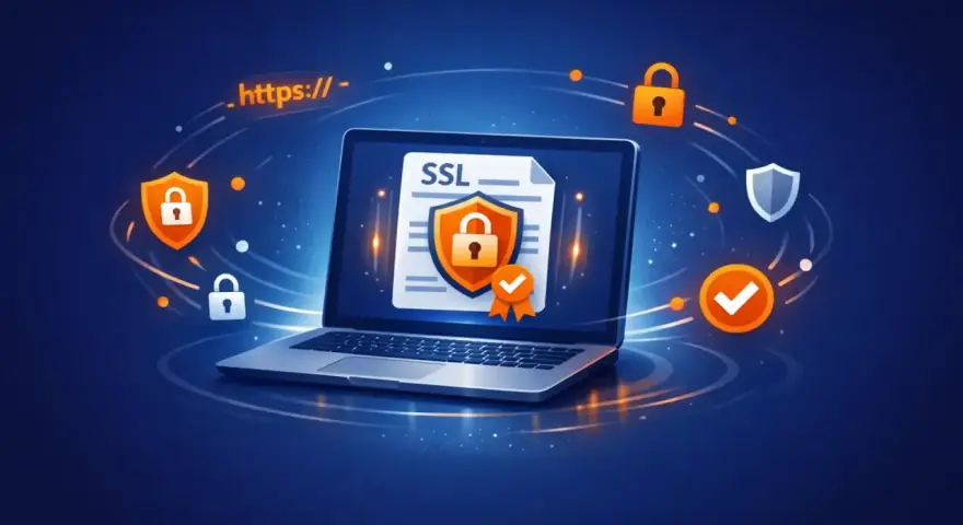 Laptop z dokumentem SSL i ikonami blokady, tarcz i potwierdzenia. Symbolizuje bezpieczeństwo online i protokół **SSL TLS**.