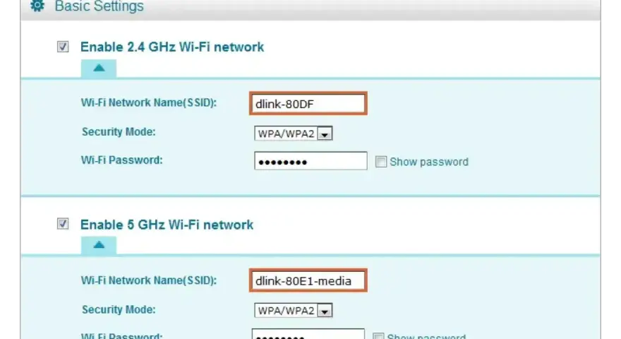 Ustawienia sieci Wi-Fi: nazwy SSID, tryby bezpieczeństwa i hasła dla pasm 2.4 GHz i 5 GHz.