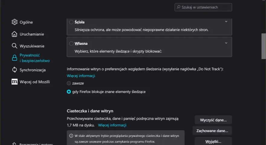 Ustawienia prywatności Firefoksa. Sekcja "Ciasteczka i dane witryn" pokazuje, jak wyczyścić pliki cookies Firefox, dane i pamięć podręczną.