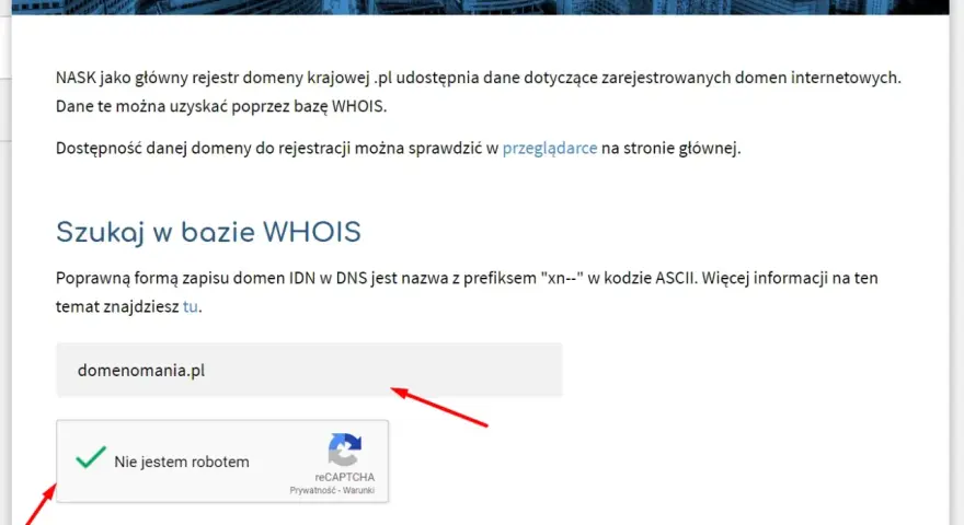 Szukaj informacji o domenach w bazie WHOIS. Wpisz nazwę domeny, np. domenomania.pl, zaznacz "Nie jestem robotem" i kliknij "Szukaj w bazie WHOIS".