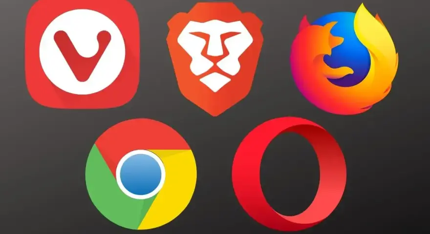 Ikony popularnych przeglądarek internetowych: Vivaldi, Brave, Firefox, Chrome, Opera. Wybierz najlepsze przeglądarki internetowe dla siebie.