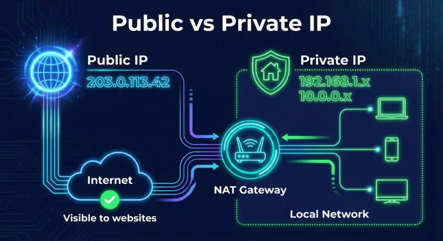Ilustracja pokazuje, jak sprawdzić IP internetu: publiczne IP jest widoczne dla stron, prywatne IP jest w sieci lokalnej za NAT Gateway.