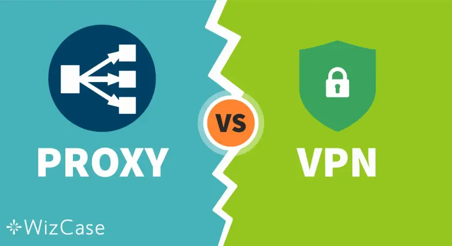 Porównanie różnych rodzajów VPN: Proxy vs VPN. Ikona przekierowania ruchu vs ikona tarczy z kłódką.