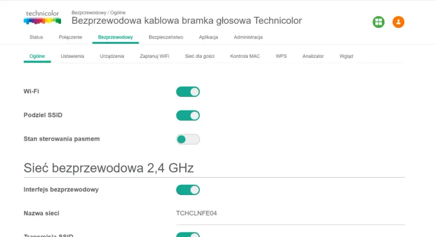 Konfiguracja technicolor routera: włączanie Wi-Fi, podział SSID i zarządzanie pasmem 2,4 GHz.