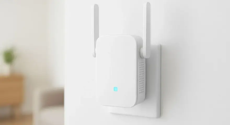 Biały wzmacniacz Wi-Fi z antenkami, podłączony do gniazdka. Pokazuje, jak działa wzmacniacz Wi-Fi, rozszerzając zasięg sieci.