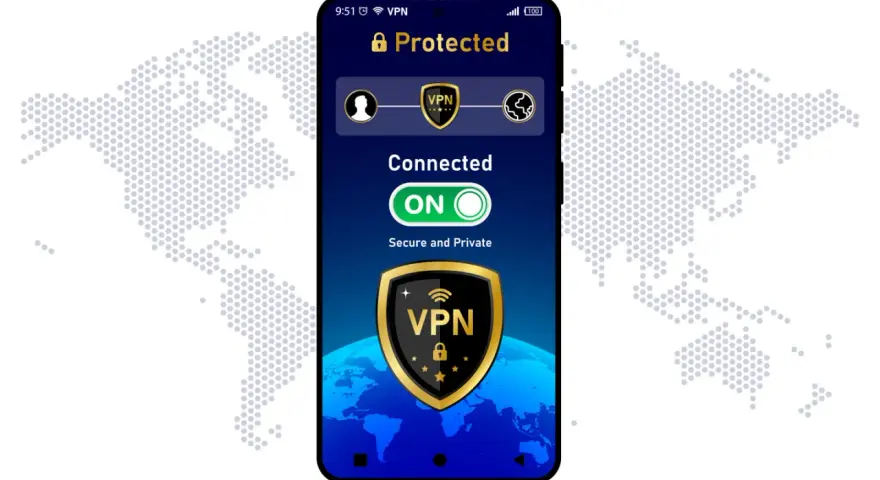 Telefon z włączoną przeglądarką z VPN. Połączenie aktywne, chronione i prywatne.