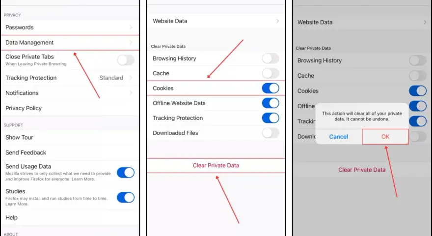 Jak usunąć ciasteczka z iPhone: w Ustawieniach przejdź do Zarządzania danymi, włącz opcję Ciasteczka, a następnie potwierdź usunięcie.