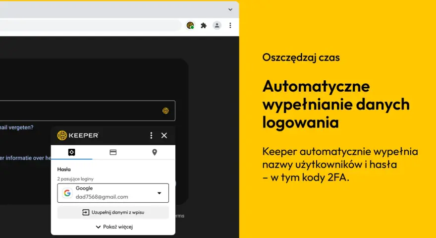 Keeper ułatwia zarządzanie hasłami, automatycznie wypełniając dane logowania do Google i innych serwisów.