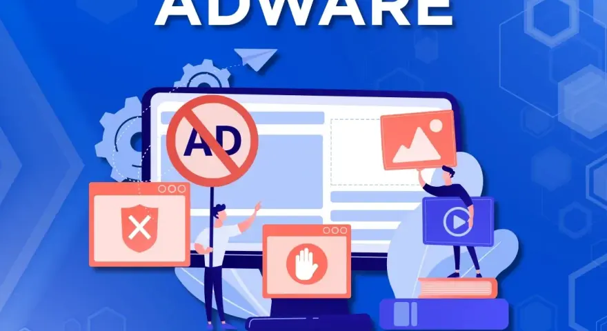 Ilustracja przedstawia walkę z **adware wirusem**. Ludziki blokują reklamy i chronią komputer przed zagrożeniami.
