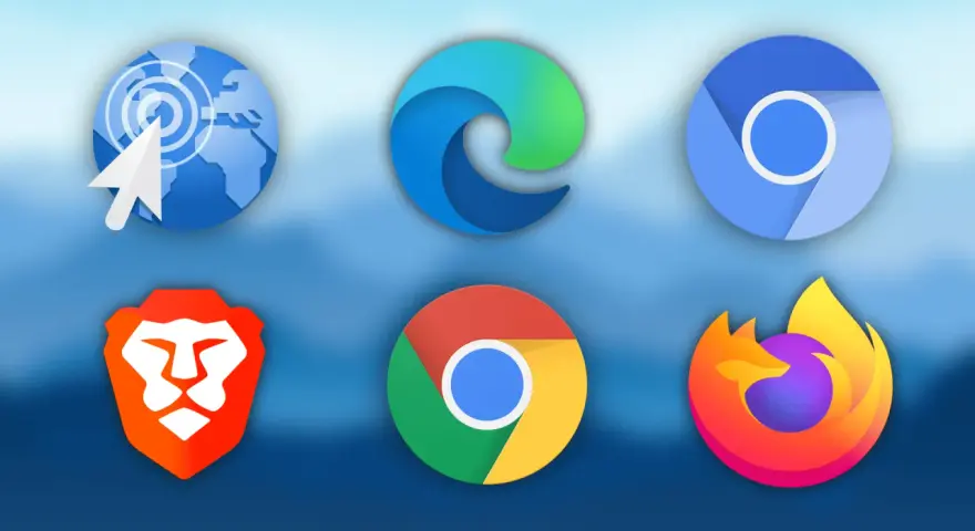 Ikony przeglądarek: Brave, Edge, Chrome, Chrome, Internet Explorer, Firefox. Jaka jest najszybsza przeglądarka?