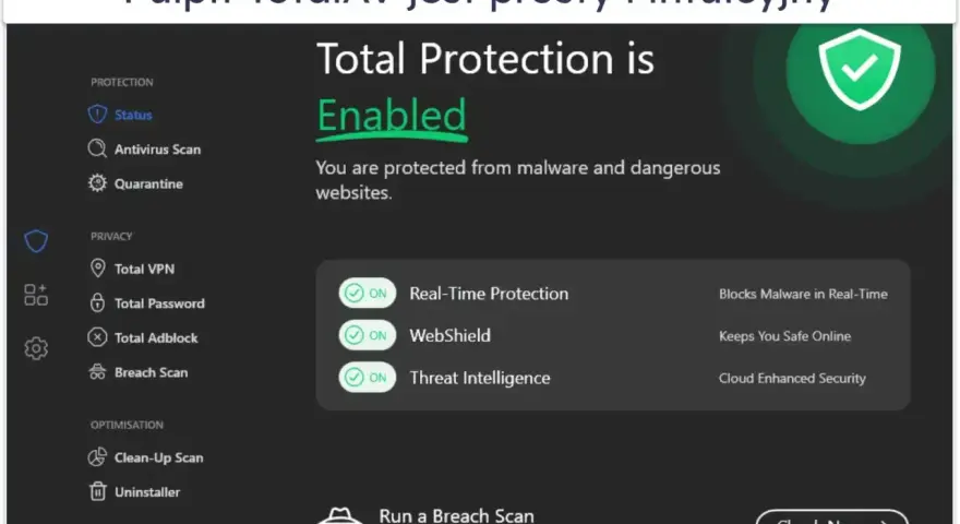 Interfejs programu TotalAV pokazuje, co to jest antywirus: ochrona w czasie rzeczywistym, WebShield i Threat Intelligence.