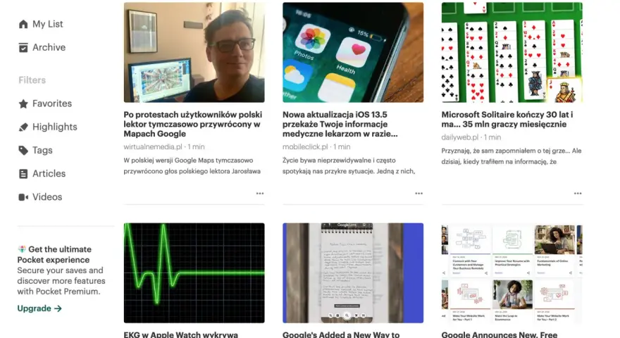 Zapisane strony: artykuły o protestach w Google Maps, aktualizacji iOS, grze Solitaire, EKG w Apple Watch, tłumaczeniu notatek i szkoleniach online.