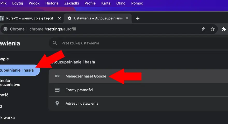 Ustawienia autouzupełniania i haseł w przeglądarce Chrome. Wskazane opcje to "Autouzupełnianie i hasła" oraz "Menedżer haseł Google".
