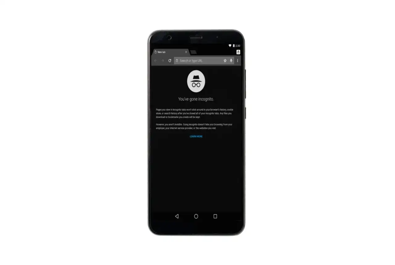 Ekran telefonu z Chrome w trybie incognito. Dowiedz się, jak wyłączyć historię przeglądania Chrome.