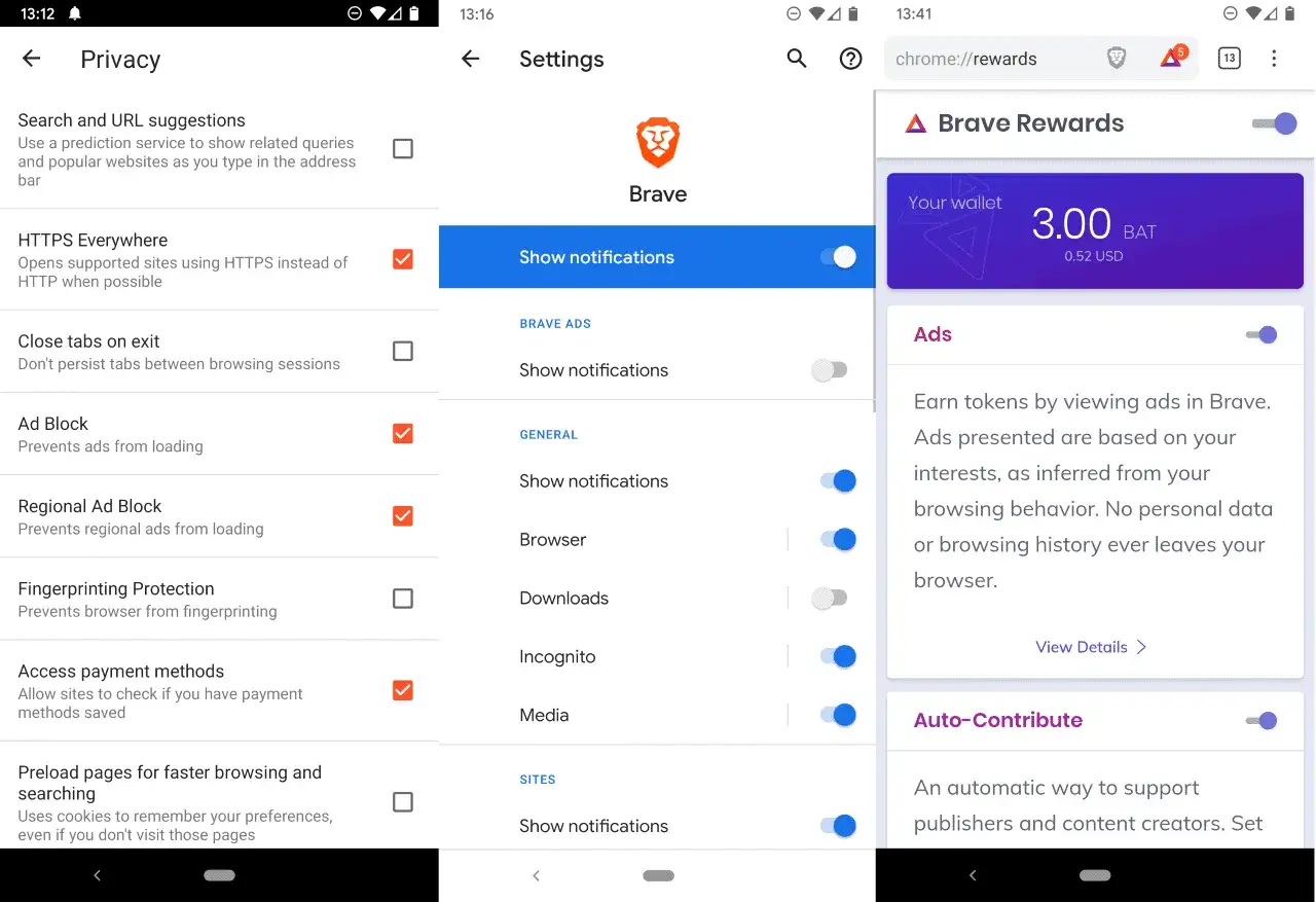 Ustawienia prywatności w przeglądarce Brave na telefonie, w tym opcje blokowania reklam i rozszerzenia Chrome.