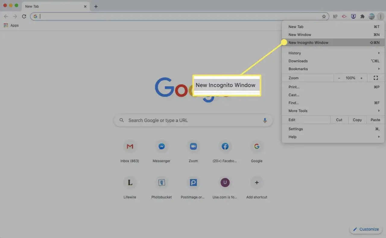 Otwieranie nowego okna w trybie incognito w przeglądarce Google Chrome.