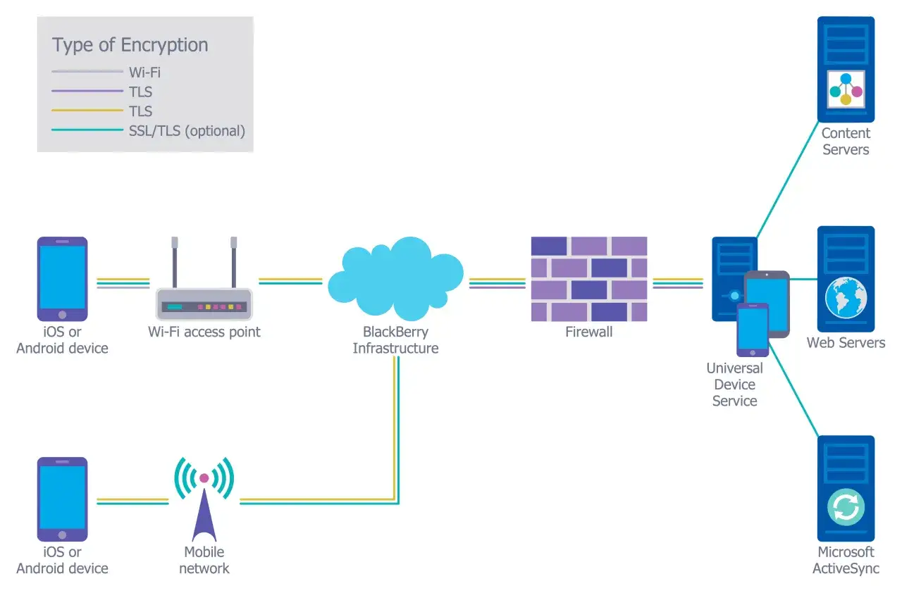 Schemat sieci z urządzeniami mobilnymi, punktem dostępowym Wi-Fi, infrastrukturą BlackBerry, serwerami i zaporą sieciową (firewall sprzętowy).
