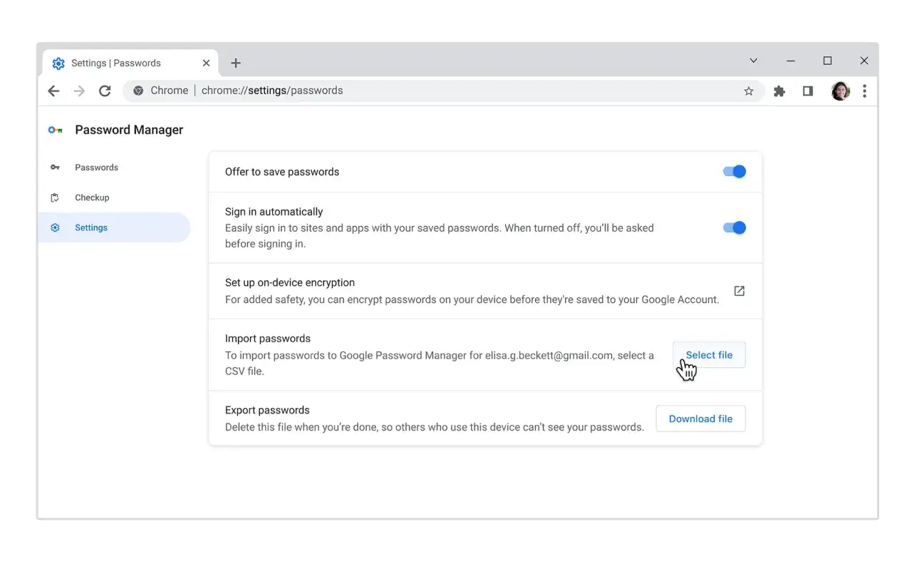 Zarządzanie hasłami w Google. Możesz importować lub eksportować hasła, a także ustawić automatyczne logowanie.