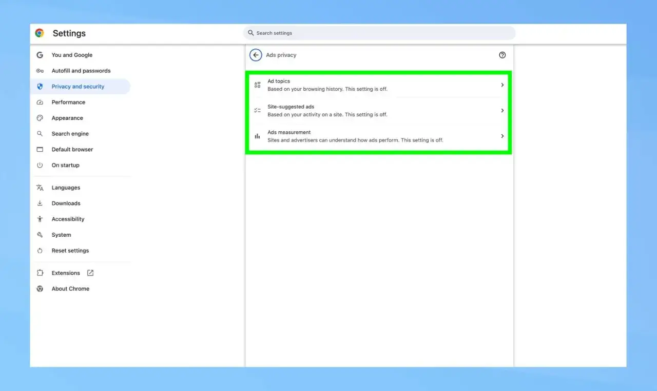 Ustawienia prywatności reklam w Chrome. Możesz zarządzać tym, jak Twoja chrome historia przeglądania wpływa na reklamy.