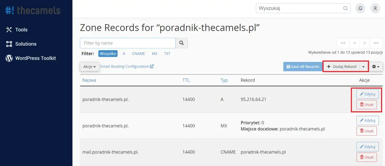 Konfiguracja rekordów DNS dla domeny poradnik-thecamels.pl, umożliwiająca ustawienie mail z własną domeną. Widoczne opcje edycji i dodawania rekordów.
