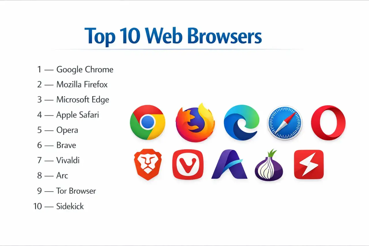 Przeglądarki internetowe lista: Chrome, Firefox, Edge, Safari, Opera, Brave, Vivaldi, Arc, Tor, Sidekick.