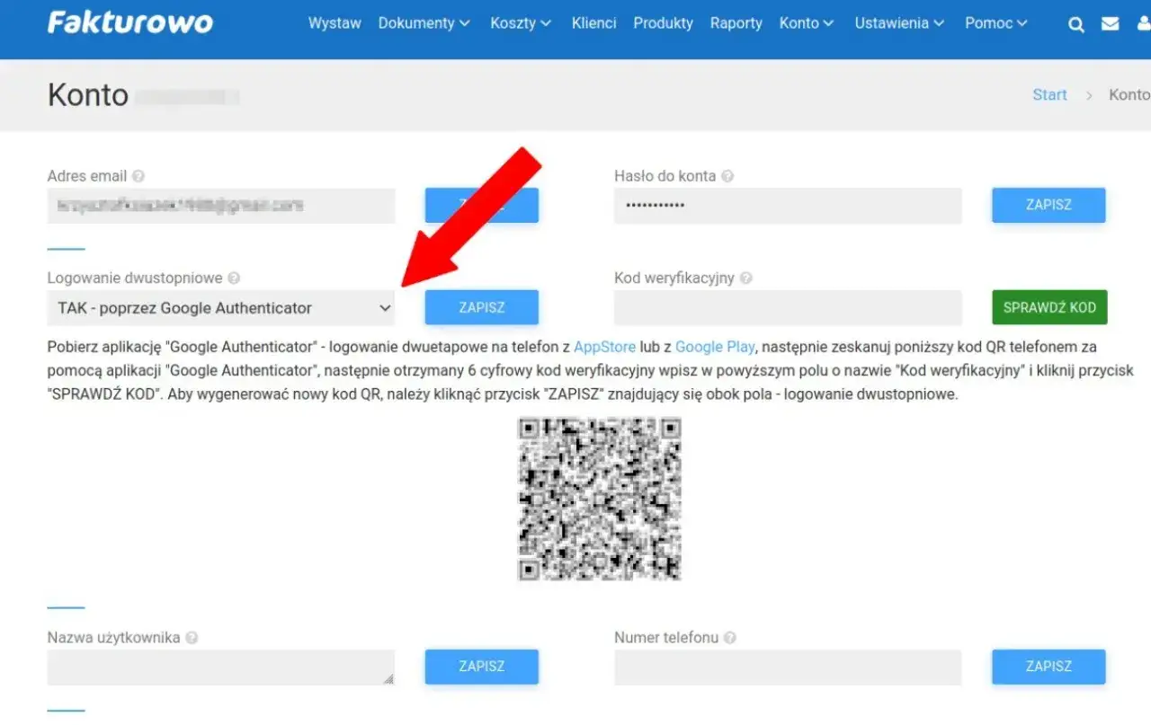 Ustawienia konta Fakturowo: dwuetapowe logowanie przez Google Authenticator. Jak odzyskać dostęp, gdy zgubisz telefon? Skanuj kod QR i wpisz kod weryfikacyjny.