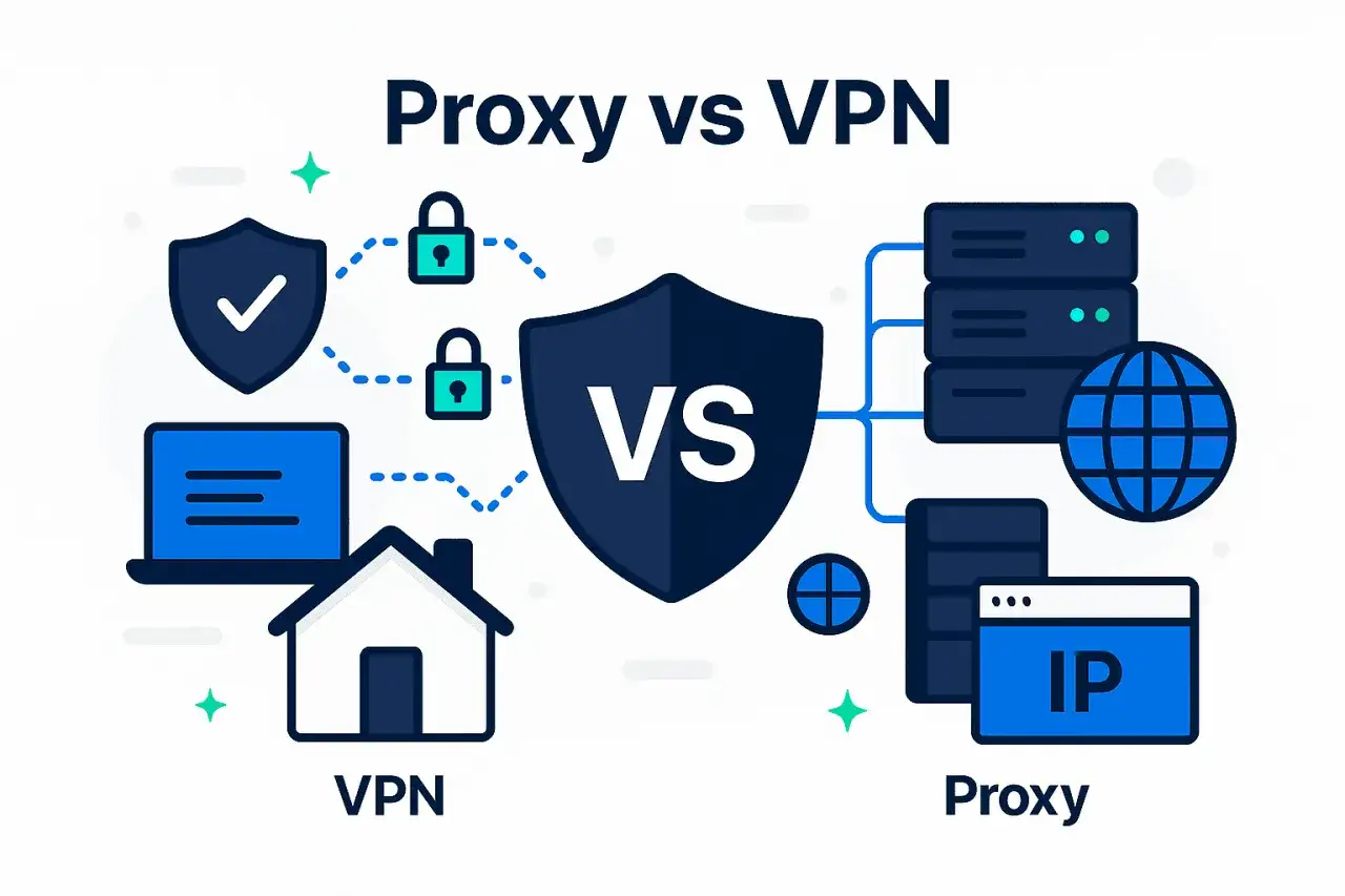 Ilustracja porównuje rodzaje VPN i proxy. Po lewej VPN z domem i laptopem, po prawej Proxy z serwerami i ikoną IP.