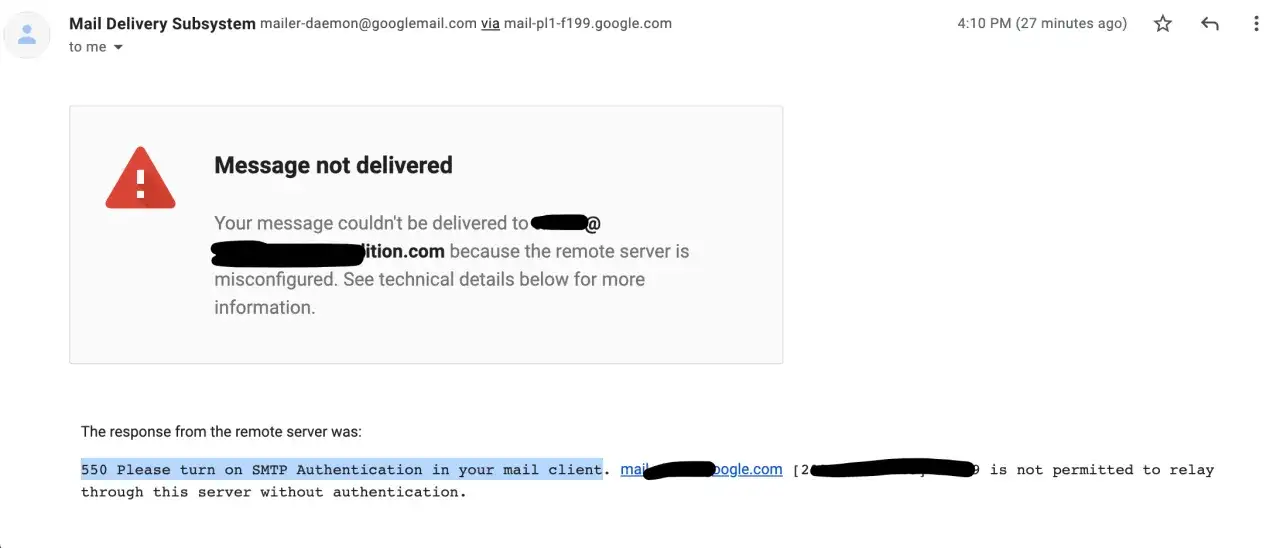 Błąd dostarczenia maila: 550 Please turn on SMTP Authentication in your mail client. Nie można przekazać wiadomości przez serwer bez uwierzytelnienia.