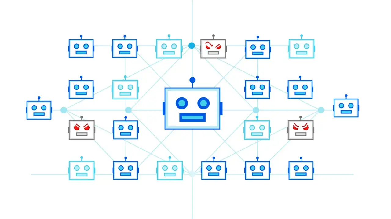 Sieć robotów, gdzie jeden z nich, niczym maszynka DDoS, ma złowrogie oczy i atakuje pozostałe.