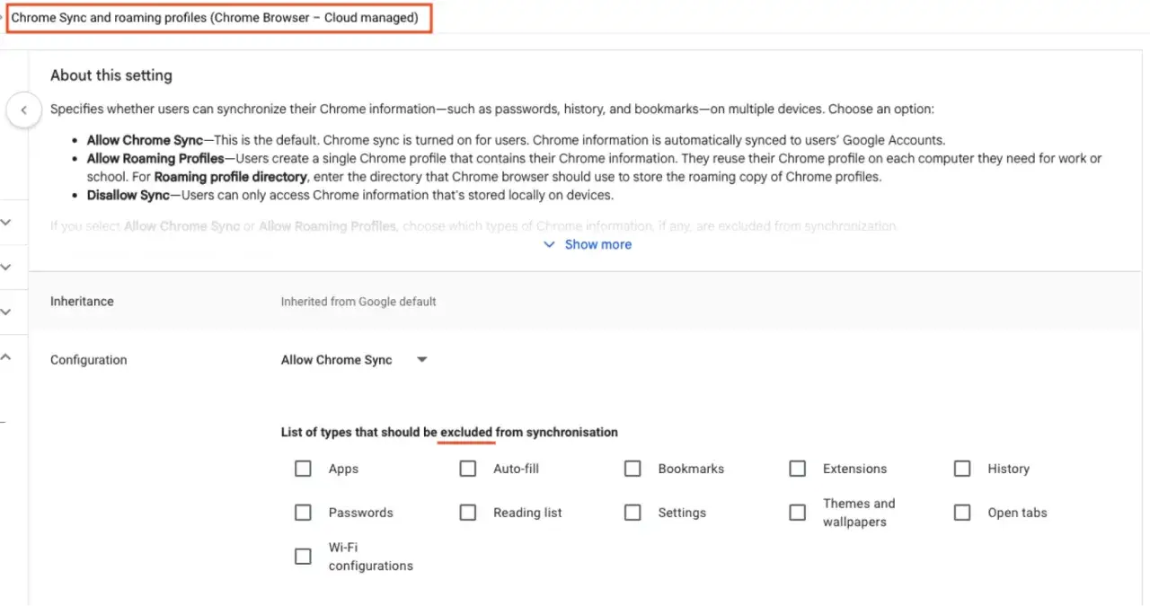 Ustawienia synchronizacji zakładek Chrome. Możliwość wyboru, które dane mają być synchronizowane lub wykluczone.