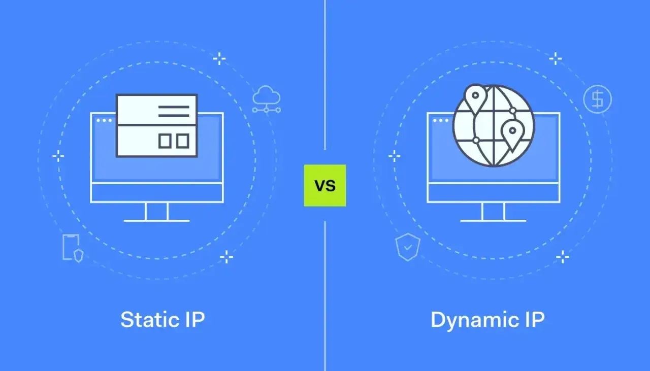Por&oacute;wnanie statyczne IP z dynamicznym IP. Po lewej komputer z ikoną chmury, po prawej z globem i pinezkami.