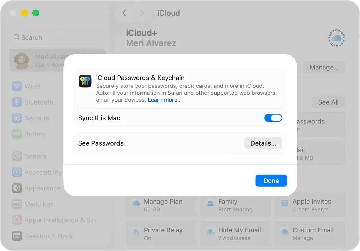 Ustawienia iCloud: synchronizacja haseł w Safari i innych przeglądarkach.