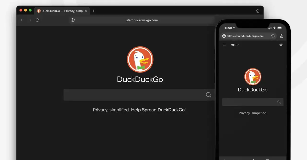 Przeglądarka DuckDuckGo na laptopie i telefonie. Logo kaczki i hasło 