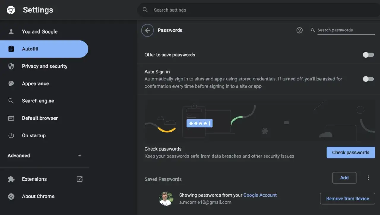 Ustawienia Chrome, sekcja Autofill. Tutaj można zarządzać tym, gdzie są zapisane hasła, włączyć lub wyłączyć automatyczne logowanie i sprawdzić bezpieczeństwo.